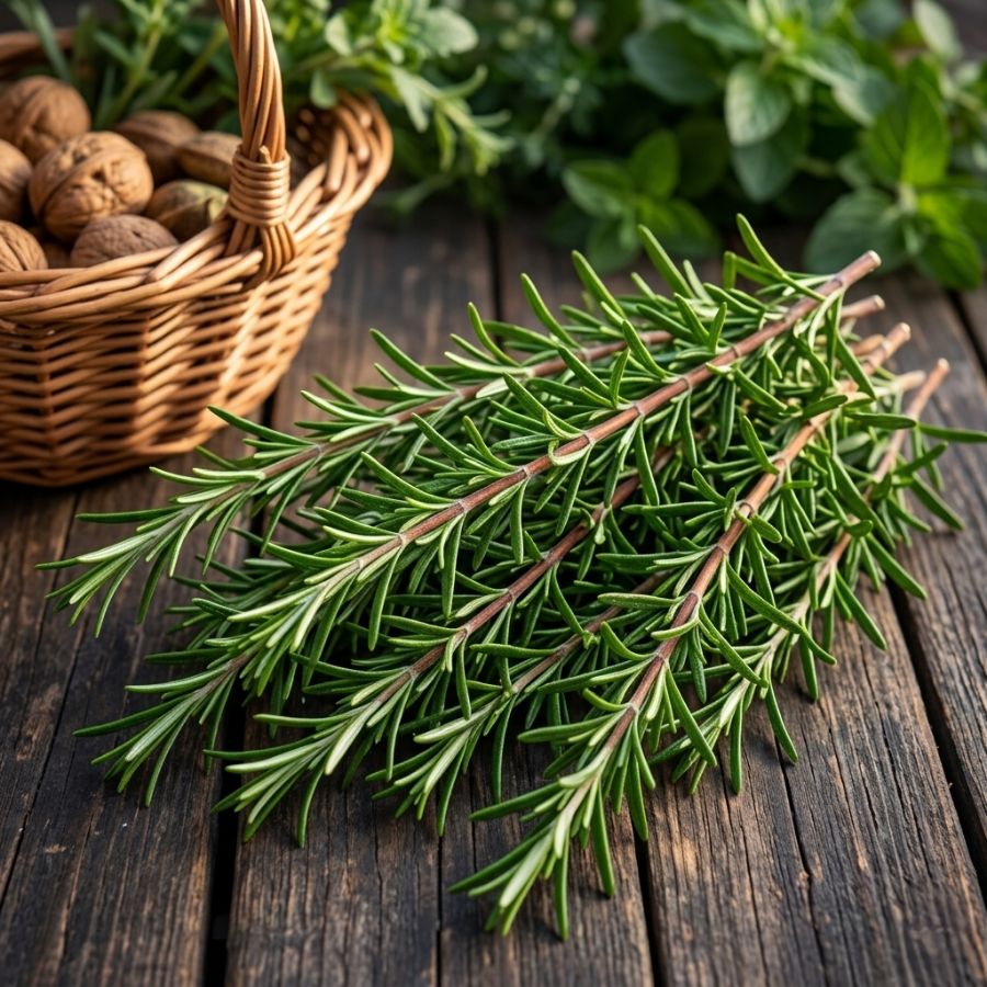 Bouquet of fresh rosemary on a wooden surface with a basket of walnuts in the background.