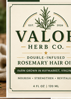 Label for Valor Herb Co. Double-Infused Rosemary Hair Oil with branding and product details.
