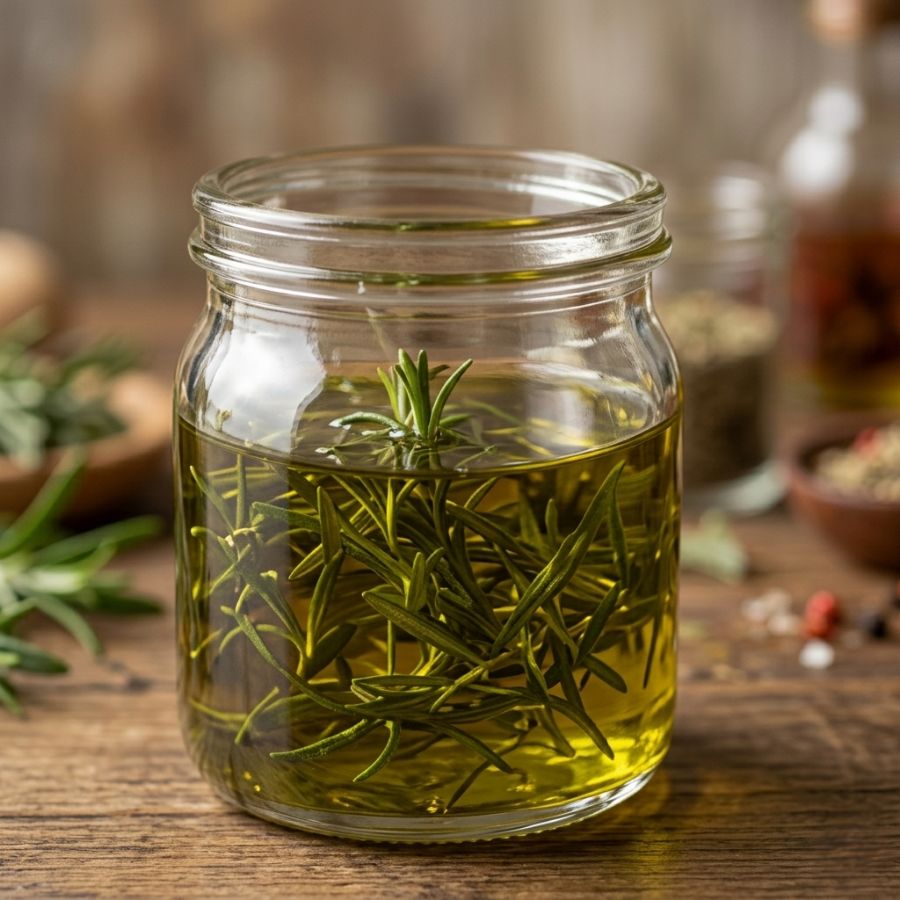 Glass jar with olive oil and rosemary on a wooden surface