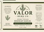Label of Valor Herb Co. rosemary hair oil with text and branding elements.