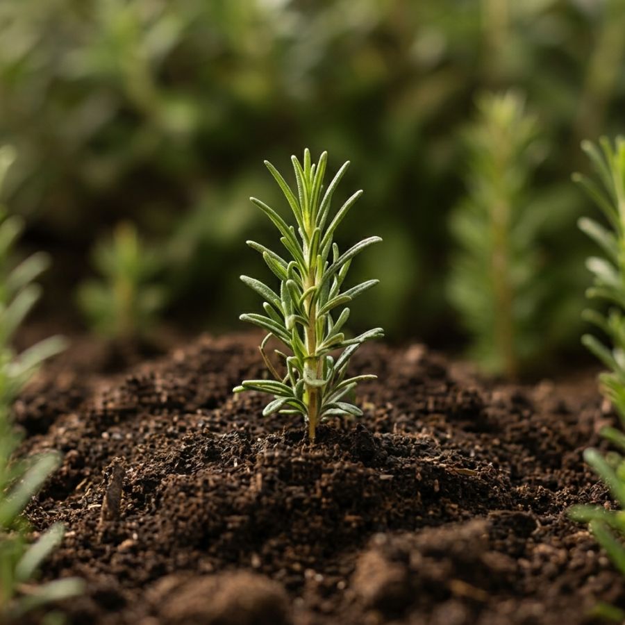 Small green plant growing in soil with a blurred natural background