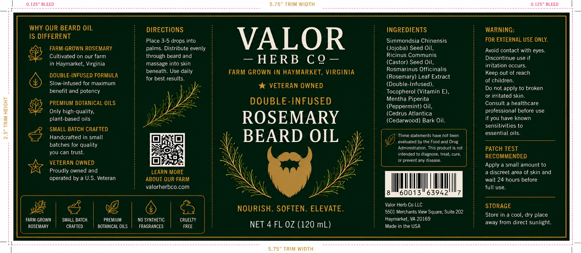 Valor Herb Co Double-Infused Rosemary Beard Oil (4 oz)