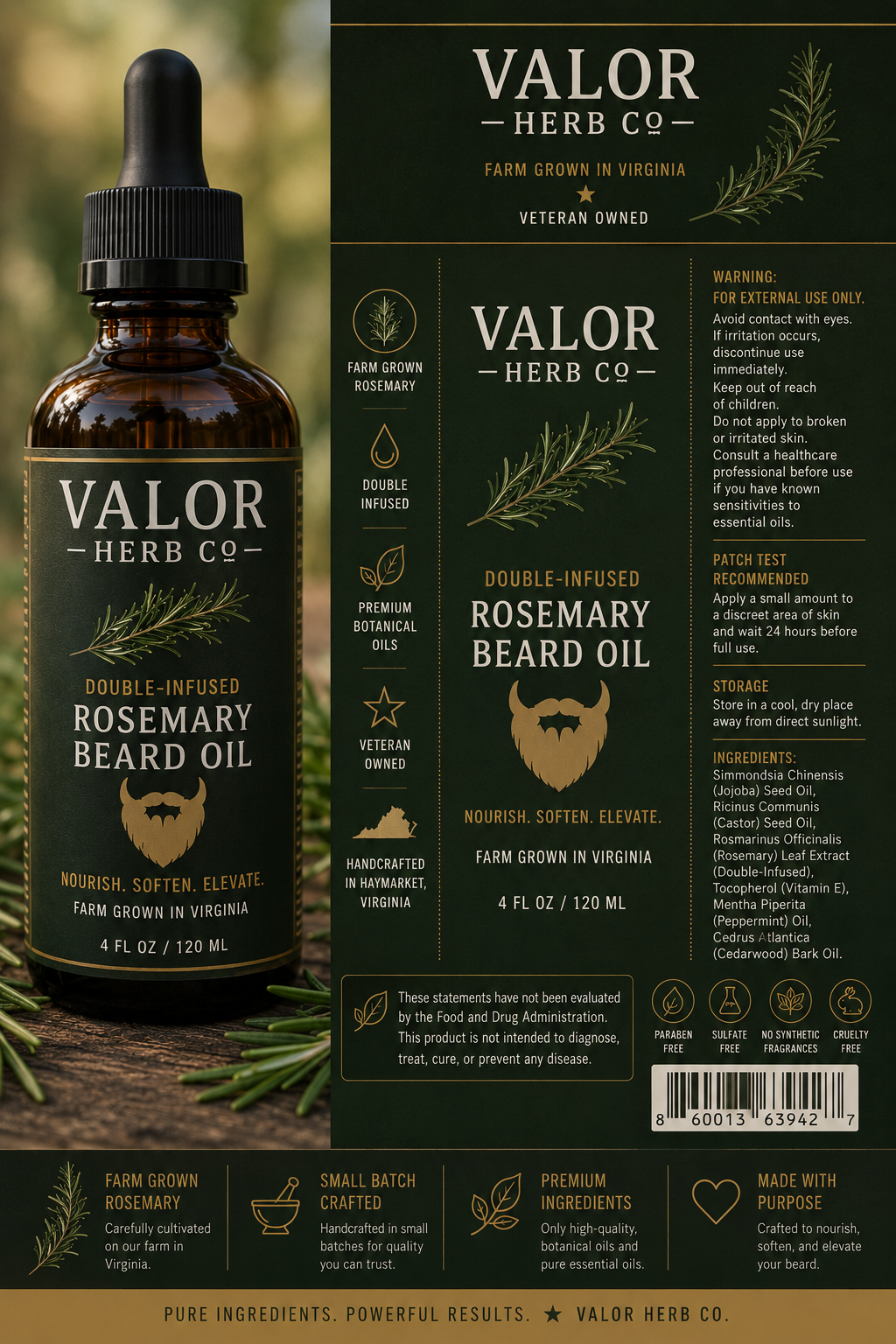 Valor Herb Co Double-Infused Rosemary Beard Oil (4 oz)