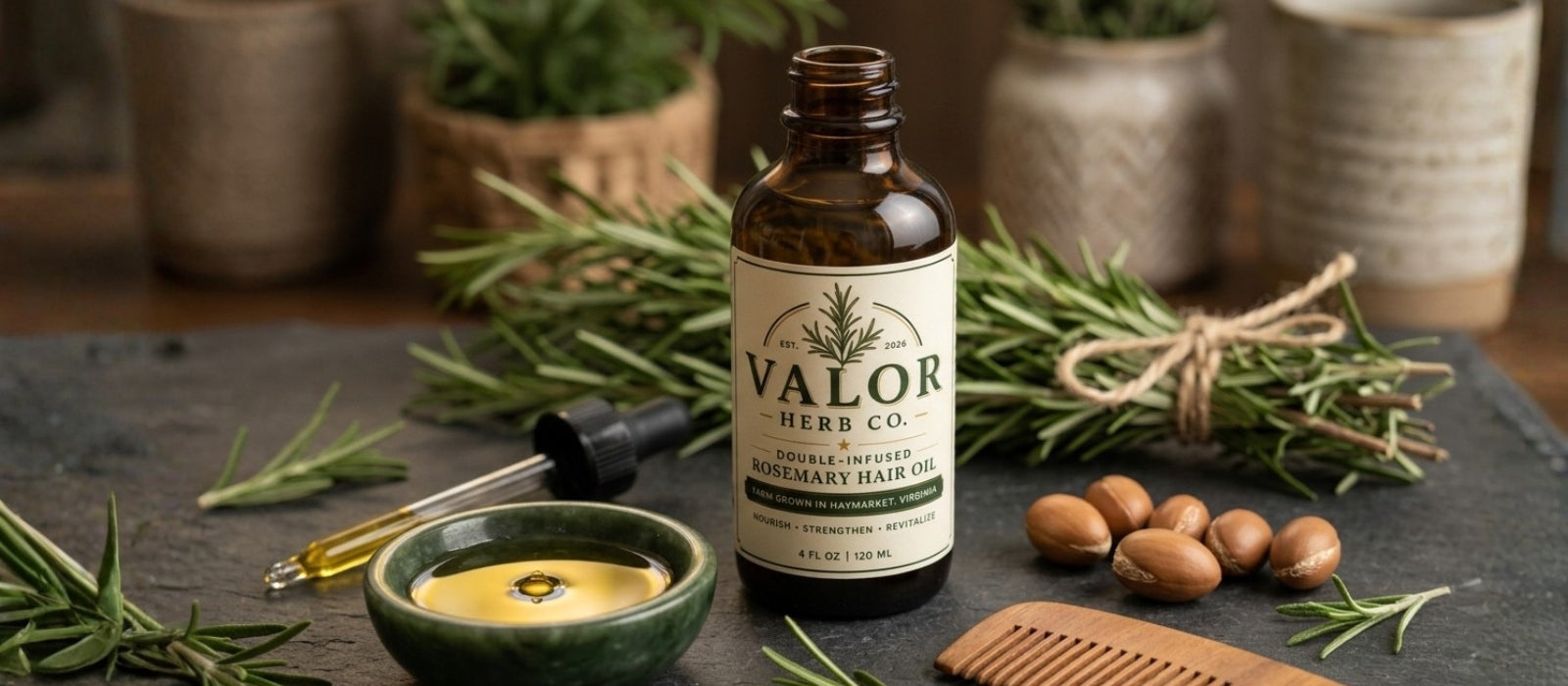 Bottle of Valor Herb Co. product with herbs and nuts on a dark surface