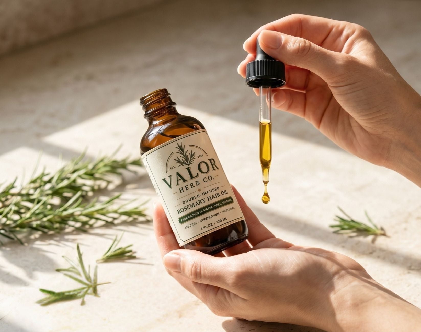 Hand holding a bottle of Valor Herb Co. product with a dropper, surrounded by herbs on a light surface.
