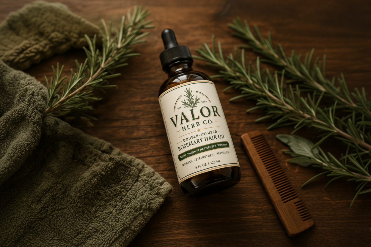 Bottle of Valor Herb Co. Rosemary Hair Oil on a wooden surface with rosemary branches and a comb.