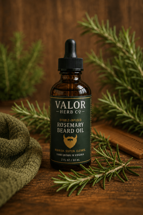 Valor Herb Co Double-Infused Rosemary Beard Oil, 2 fl oz (60 mL) bottle.