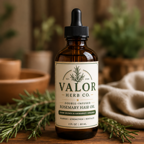 Valor Herb Co Double-Infused Rosemary Hair Oil, 2 fl oz (60 mL) bottle.